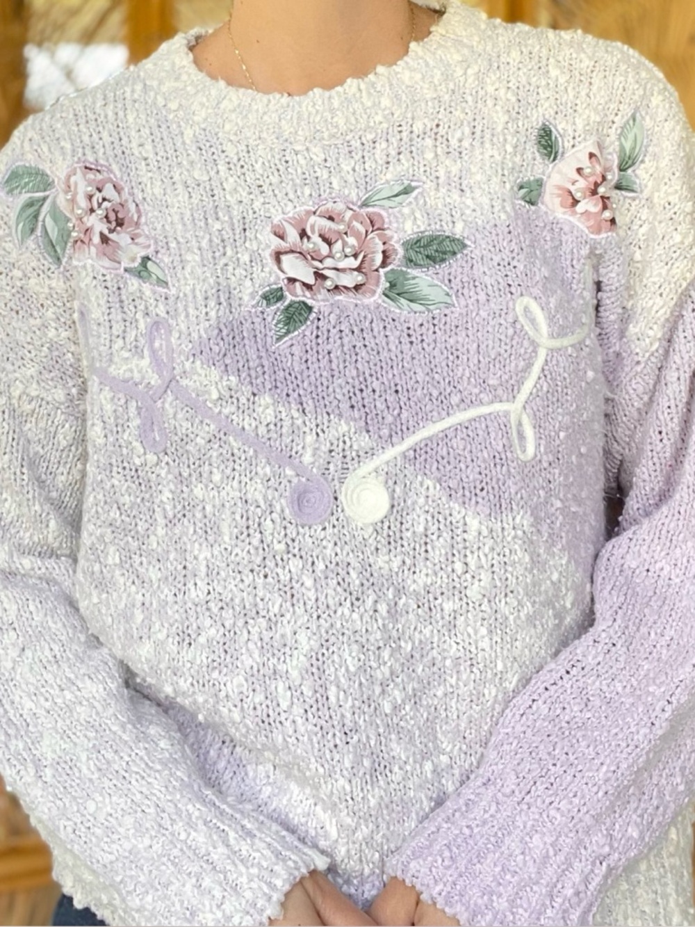 Vintage Needles and Yarn Purple Lilac Sweater with Floral Flowers Appliqués L